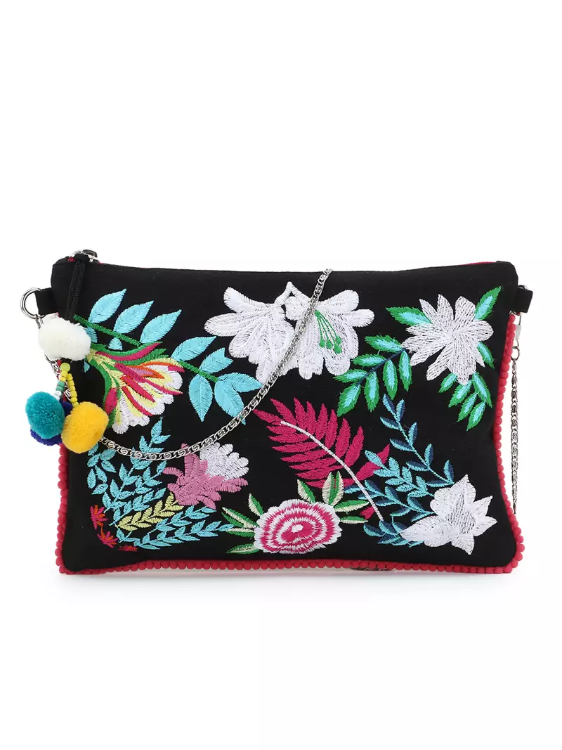 Anekaant Black & Multi Canvas Floral Embroidered Sling Bag