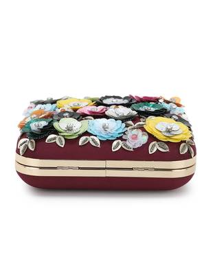 Anekaant Vista Wine & Multi Faux Silk Floral Embellished Clutch 5