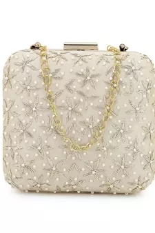 Anekaant Vista Beige & Gold Faux Silk Ditsy Embellished Clutch
