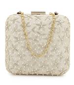 Anekaant Vista Beige & Gold Faux Silk Ditsy Embellished Clutch