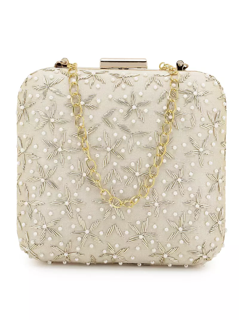 Anekaant Vista Beige & Gold Faux Silk Ditsy Embellished Clutch