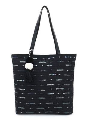  Black  Cotton canvas Sequined Stripe Tote Bag 1