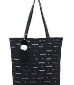 Anekaant  Black  Cotton canvas Sequined Stripe Tote Bag
