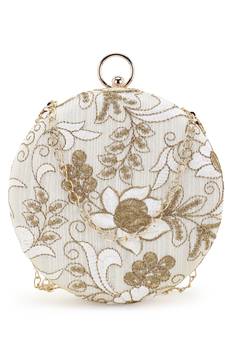 Anekaant Gala Natural & Gold Faux Silk Floral Embroidered Clutch