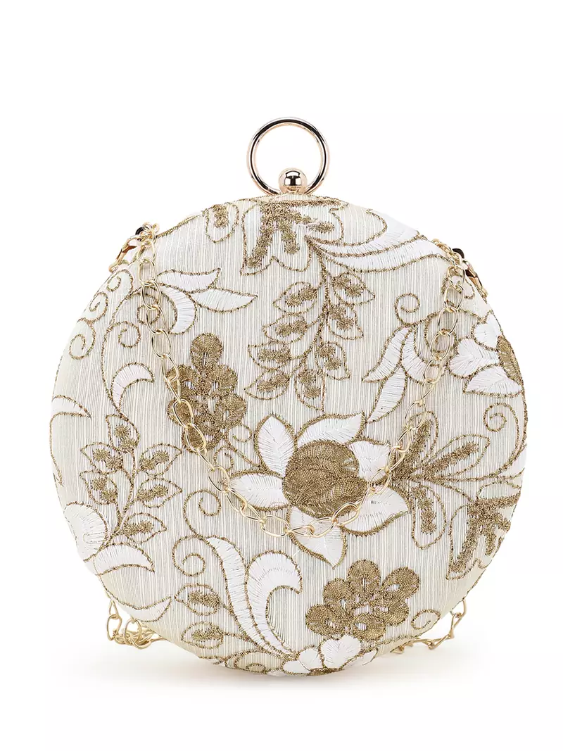 Anekaant Gala Natural & Gold Faux Silk Floral Embroidered Clutch