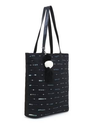  Black  Cotton canvas Sequined Stripe Tote Bag 2