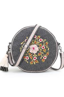 Charcoal & Multi Canvas Floral Embroidered Sling Bag