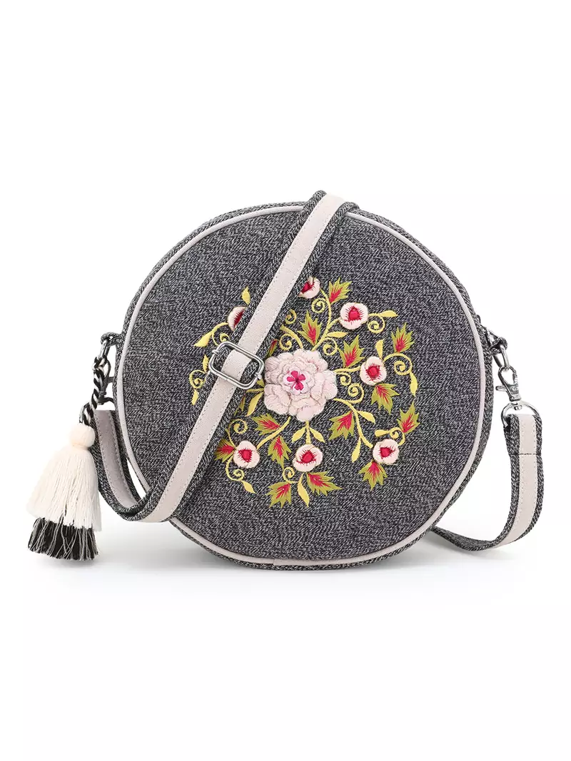 Anekaant Charcoal & Multi Canvas Floral Embroidered Sling Bag