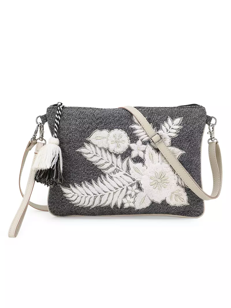 Anekaant Charcoal & Natural Canvas & Leatherette Floral Embroidered Sling Bag