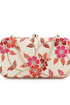 Anekaant Tulle Natural & Pink Faux Silk Floral Embroidered Clutch