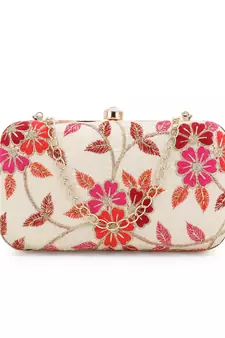 Anekaant Tulle Natural & Pink Faux Silk Floral Embroidered Clutch