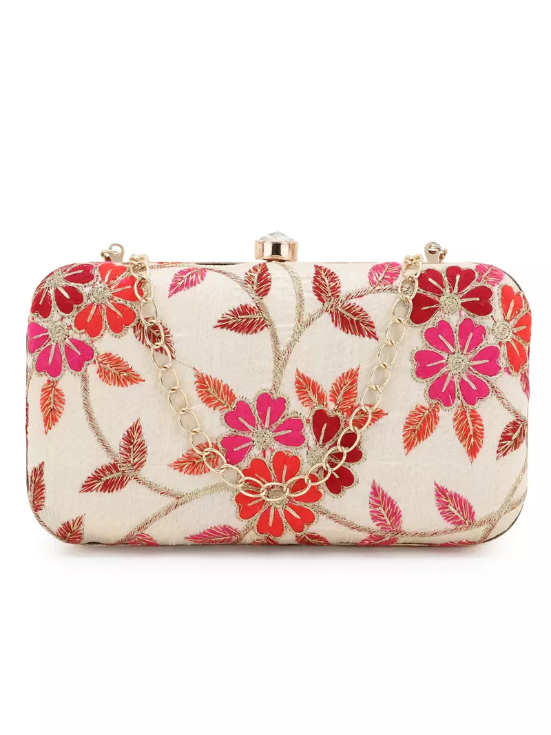Anekaant Tulle Natural & Pink Faux Silk Floral Embroidered Clutch