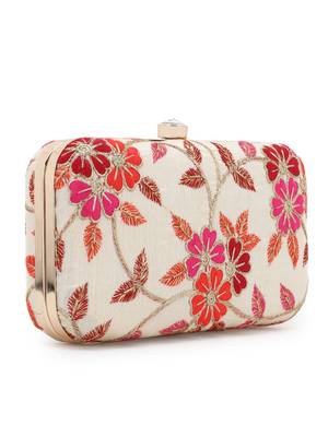 Anekaant Tulle Natural & Pink Faux Silk Floral Embroidered Clutch 2