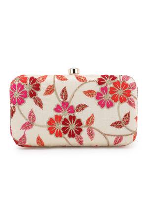 Anekaant Tulle Natural & Pink Faux Silk Floral Embroidered Clutch 3