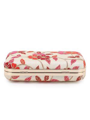 Anekaant Tulle Natural & Pink Faux Silk Floral Embroidered Clutch 5