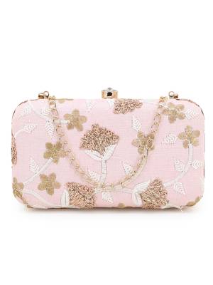 Anekaant Tulle Baby Pink & Gold Faux Silk Floral Embroidered Clutch 1
