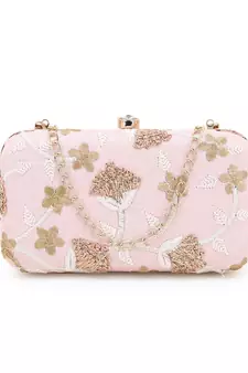 Anekaant Tulle Baby Pink & Gold Faux Silk Floral Embroidered Clutch
