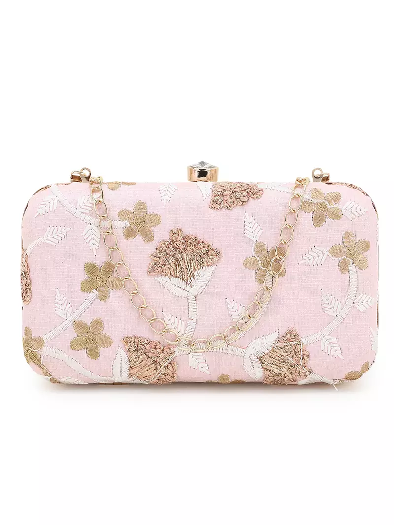 Anekaant Tulle Baby Pink & Gold Faux Silk Floral Embroidered Clutch
