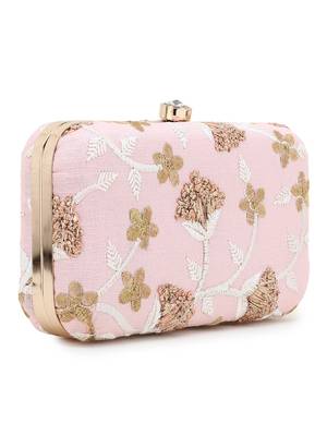 Anekaant Tulle Baby Pink & Gold Faux Silk Floral Embroidered Clutch 2