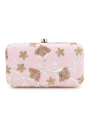 Anekaant Tulle Baby Pink & Gold Faux Silk Floral Embroidered Clutch 3