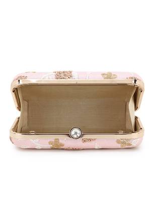 Anekaant Tulle Baby Pink & Gold Faux Silk Floral Embroidered Clutch 4