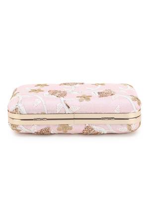 Anekaant Tulle Baby Pink & Gold Faux Silk Floral Embroidered Clutch 5