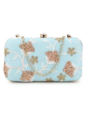 Anekaant Tulle Sky Blue & Gold Faux Silk Floral Embroidered Clutch 1