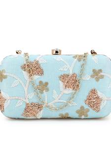 Anekaant Tulle Sky Blue & Gold Faux Silk Floral Embroidered Clutch