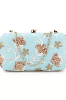 Anekaant Tulle Sky Blue & Gold Faux Silk Floral Embroidered Clutch