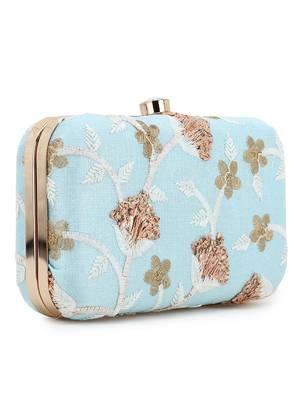 Anekaant Tulle Sky Blue & Gold Faux Silk Floral Embroidered Clutch 2