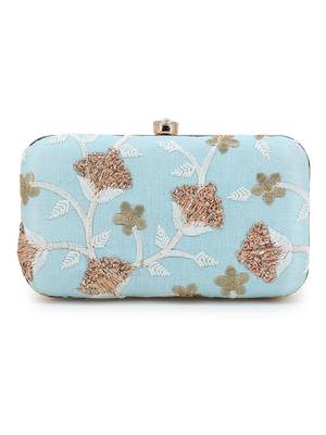 Anekaant Tulle Sky Blue & Gold Faux Silk Floral Embroidered Clutch 3