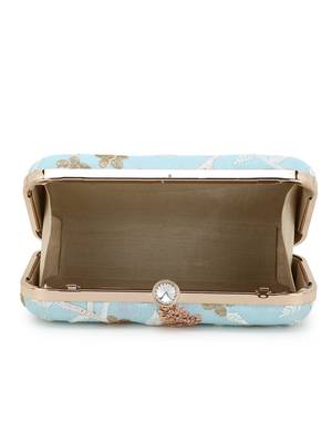 Anekaant Tulle Sky Blue & Gold Faux Silk Floral Embroidered Clutch 4