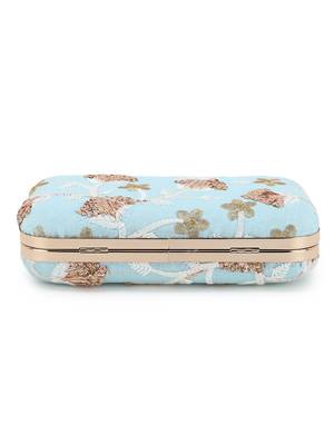 Anekaant Tulle Sky Blue & Gold Faux Silk Floral Embroidered Clutch 5