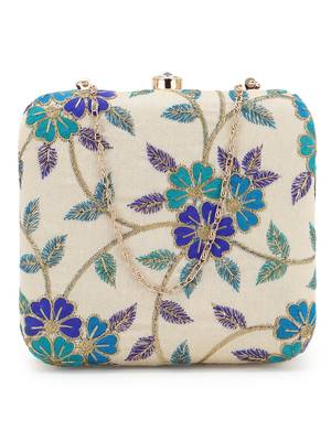 Anekaant Vista Natural, Turquoise & Green Faux Silk Floral Embroidered Clutch 1