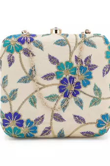 Anekaant Vista Natural, Turquoise & Green Faux Silk Floral Embroidered Clutch