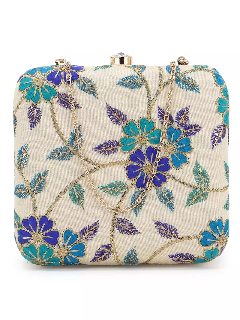Anekaant Vista Natural, Turquoise & Green Faux Silk Floral Embroidered Clutch