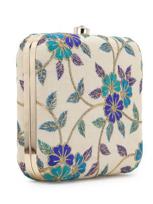 Anekaant Vista Natural, Turquoise & Green Faux Silk Floral Embroidered Clutch 2