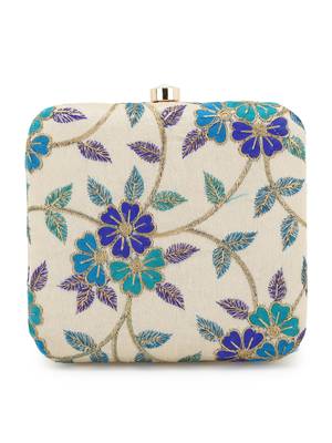 Anekaant Vista Natural, Turquoise & Green Faux Silk Floral Embroidered Clutch 3