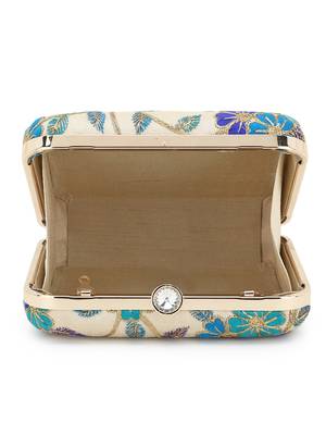 Anekaant Vista Natural, Turquoise & Green Faux Silk Floral Embroidered Clutch 4