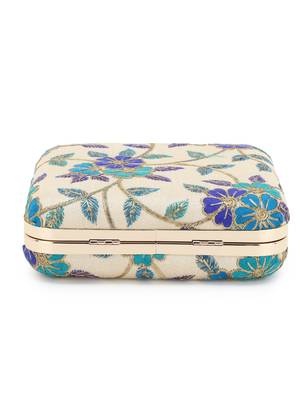 Anekaant Vista Natural, Turquoise & Green Faux Silk Floral Embroidered Clutch 5