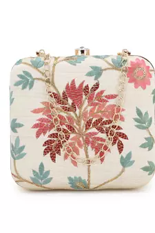 Anekaant Vista Natural & Multi Faux Silk Botanical Embroidered Clutch