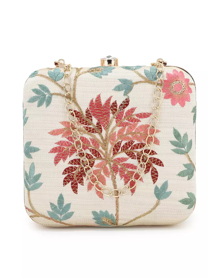 Anekaant Vista Natural & Multi Faux Silk Botanical Embroidered Clutch