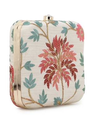 Anekaant Vista Natural & Multi Faux Silk Botanical Embroidered Clutch 2