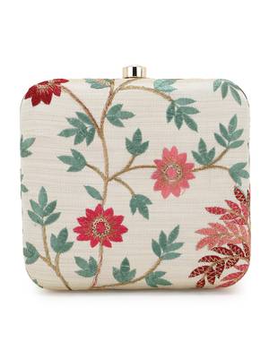 Anekaant Vista Natural & Multi Faux Silk Botanical Embroidered Clutch 3