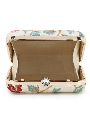 Anekaant Vista Natural & Multi Faux Silk Botanical Embroidered Clutch 4