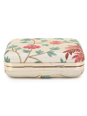 Anekaant Vista Natural & Multi Faux Silk Botanical Embroidered Clutch 5