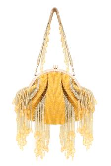 Anekaant Pochette Mustard & Gold Faux Silk Stripe Embellished Clutch