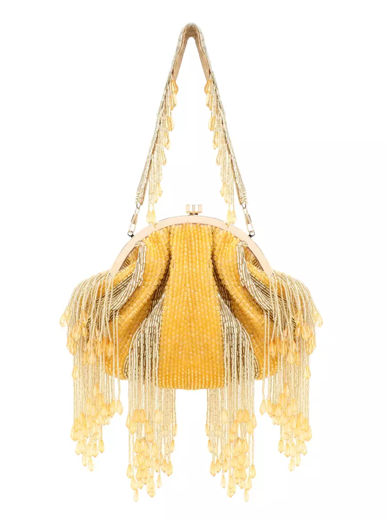 Anekaant Pochette Mustard & Gold Faux Silk Stripe Embellished Clutch