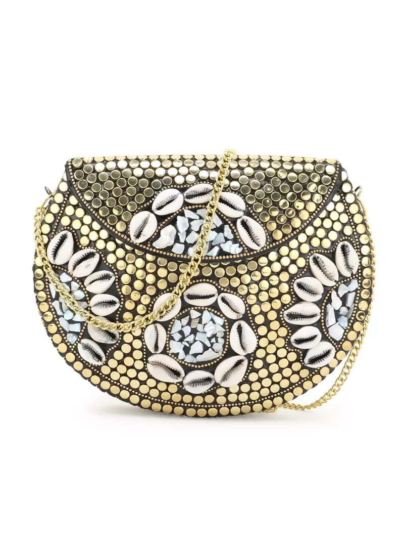 Anekaant Mosiac Gold & White Metal & Shells Mosaic Clutch