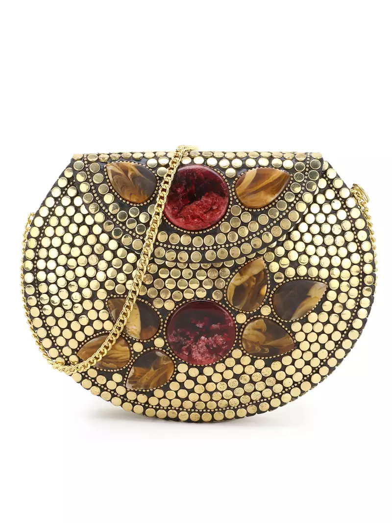 Anekaant Mosiac Gold & Brown Metal & Stones Mosaic Clutch